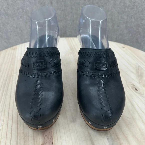 UGG Australia Black Leather Woven Whipstitch Wood Heel Studded Clogs Mules 8 - Picture 3 of 14